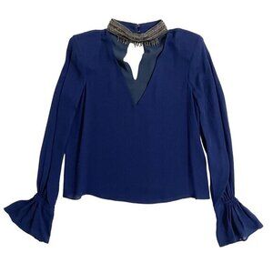 Ramy Brook Annete Embellished Silk Bell-Sleeve Blue Blouse SZ S New - Defects